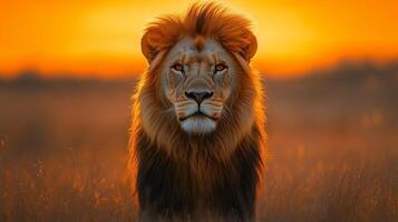 A lion is standing in the middle of a field at sunset photo