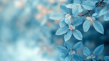 Blue leaves on a branch with water droplets photo