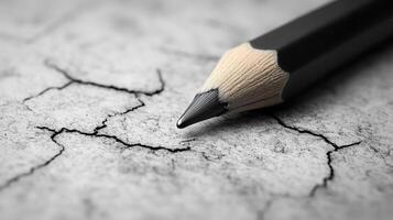 A pencil is pointing at a crack in the ground photo