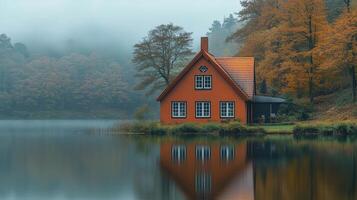 A small red house sits on the edge of a lake