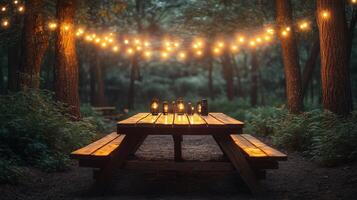 A picnic table in the woods with string lights photo