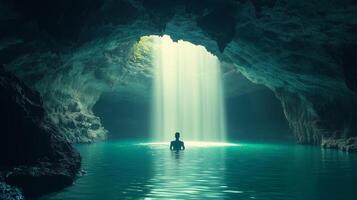 A man standing in the water in front of a cave photo