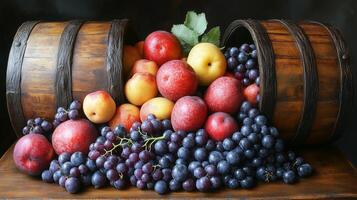 A vibrant display of fresh fruits spilling from a wooden container photo
