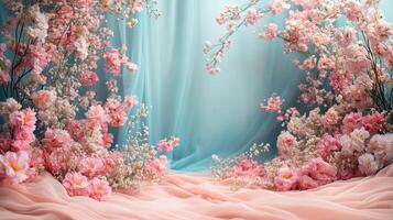 A beautiful pink and blue background with flowers photo