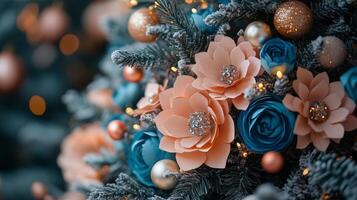A christmas tree with blue and orange flowers photo