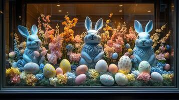 Bunnies in a window display with flowers and eggs photo