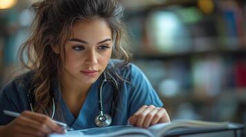 A young nurse diligently working at her desk photo