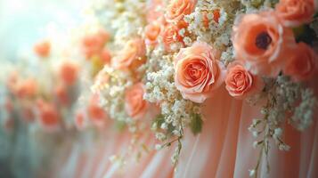 A table with orange roses and baby's breath photo