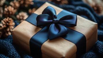 Gift box with bow on blue blanket photo