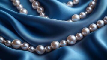 Pearls on a blue satin fabric photo