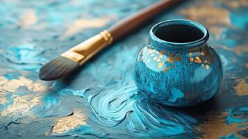 Blue and gold artistic background with paintbrush and ceramic jar photo