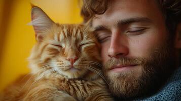 A man with a beard and a cat are sleeping together photo