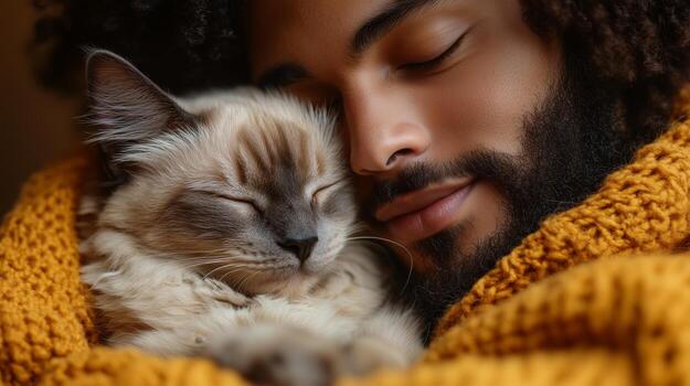 A man with a beard and a cat are sleeping together photo