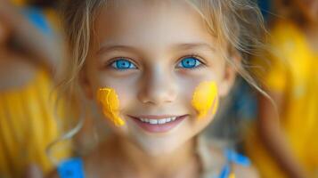 A little girl with bright yellow paint on her face photo