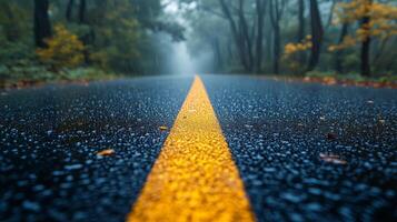 A wet road with yellow lines in the middle of the forest photo