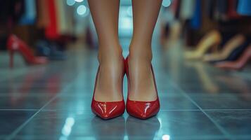 Close up of legs elegant woman with heels while shopping photo
