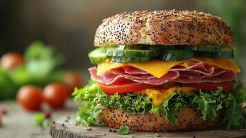 A sandwich with meat, cheese and vegetables photo