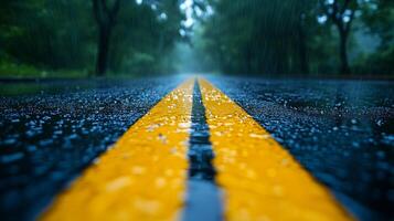 Rainy day road with yellow line photo