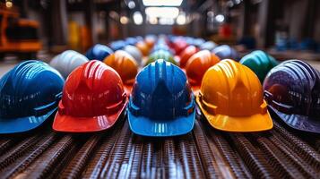 Hard hats are lined up in a factory photo