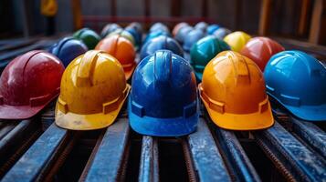 Many hard hats are lined up on a table photo
