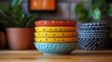 A stack of colorful bowls on a wooden table photo