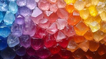 A rainbow of colored crystals are arranged in a row photo