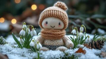 A knitted doll in the snow with snowflakes photo