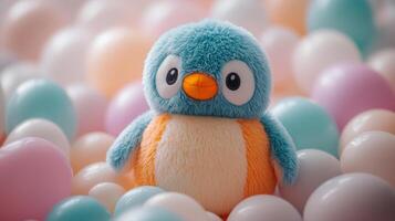 A stuffed penguin is surrounded by colorful eggs photo