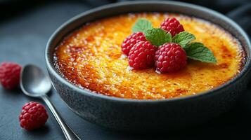 Creme brulee in a bowl with raspberries photo