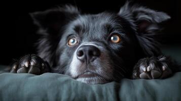 A black dog with big eyes looking up at the camera photo