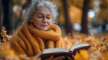 An older woman reading a book in the fall photo