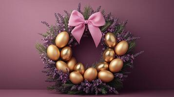 Golden easter eggs in a wreath on a purple background photo