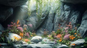 A cave with flowers and rocks photo