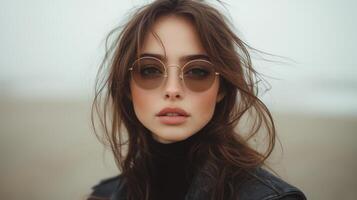A woman with sunglasses on her face photo