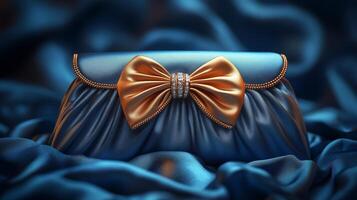 Blue purse with gold bow on satin photo