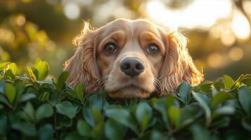 A dog peeking out from behind some bushes photo