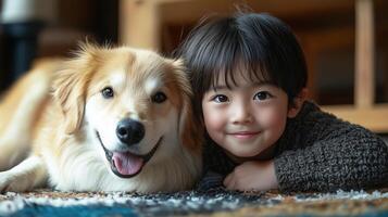 Happy asian kid with dog playing at home, Friendship and loyalty photo