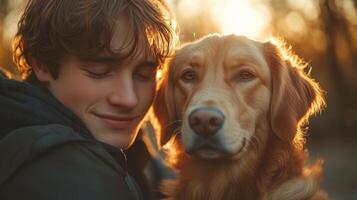 A young man is hugging a dog photo