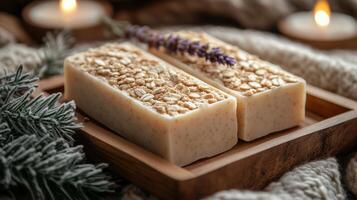 A wooden tray with two bars of soap photo