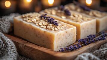 Three soap bars with lavender and oatmeal on a wooden tray photo