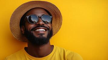 A man wearing a hat and sunglasses smiling photo