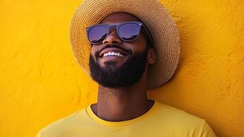 A man with a hat and sunglasses smiling photo