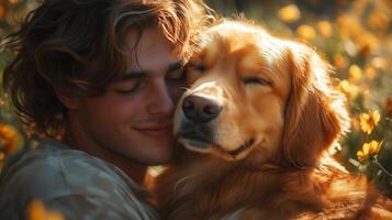 A man and his dog in a field photo