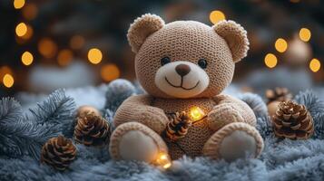 A teddy bear with lights and pine cones photo