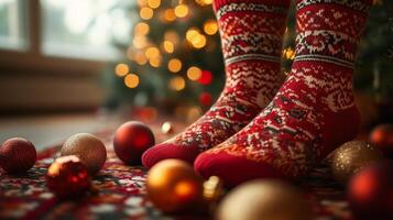 A person wearing red socks standing in front of christmas decorations photo