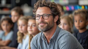 A man with glasses and a beard is sitting in front of a classroom photo