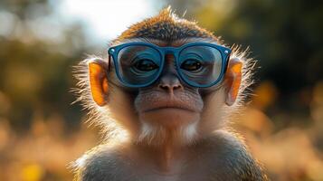A monkey wearing blue glasses in the field photo