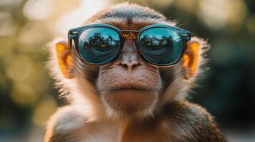 A monkey wearing sunglasses with a reflection of its face photo