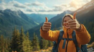 two hands giving thumbs up in a serene mountain landscape photo