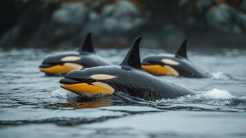 Three killer whales swim in the ocean photo